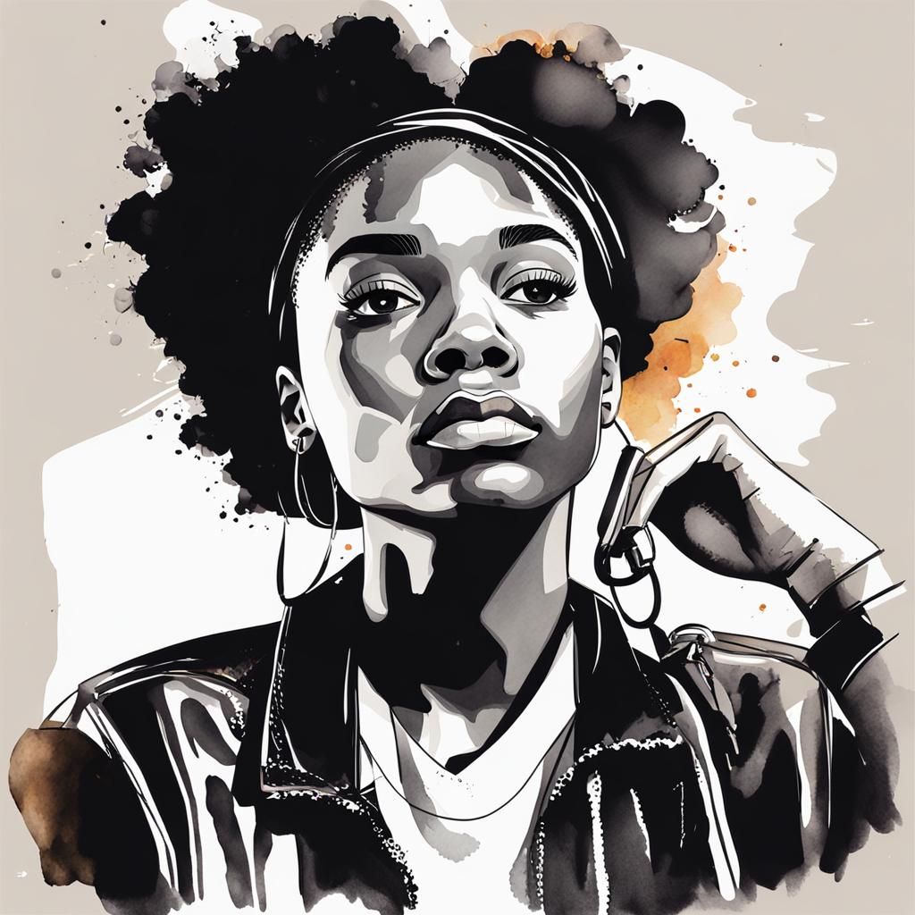 Trendy Black Girl Portrait in Watercolor Style