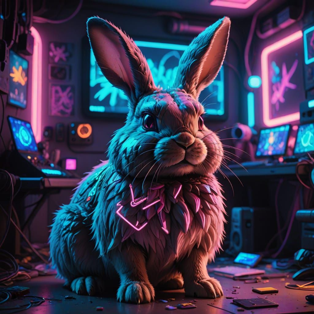 Fluffy Cyberpunk Rabbit Gamer in Neon Bedroom