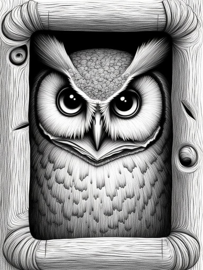 A Monochromatic Owl Portrait in Intricate Pencil Drawing