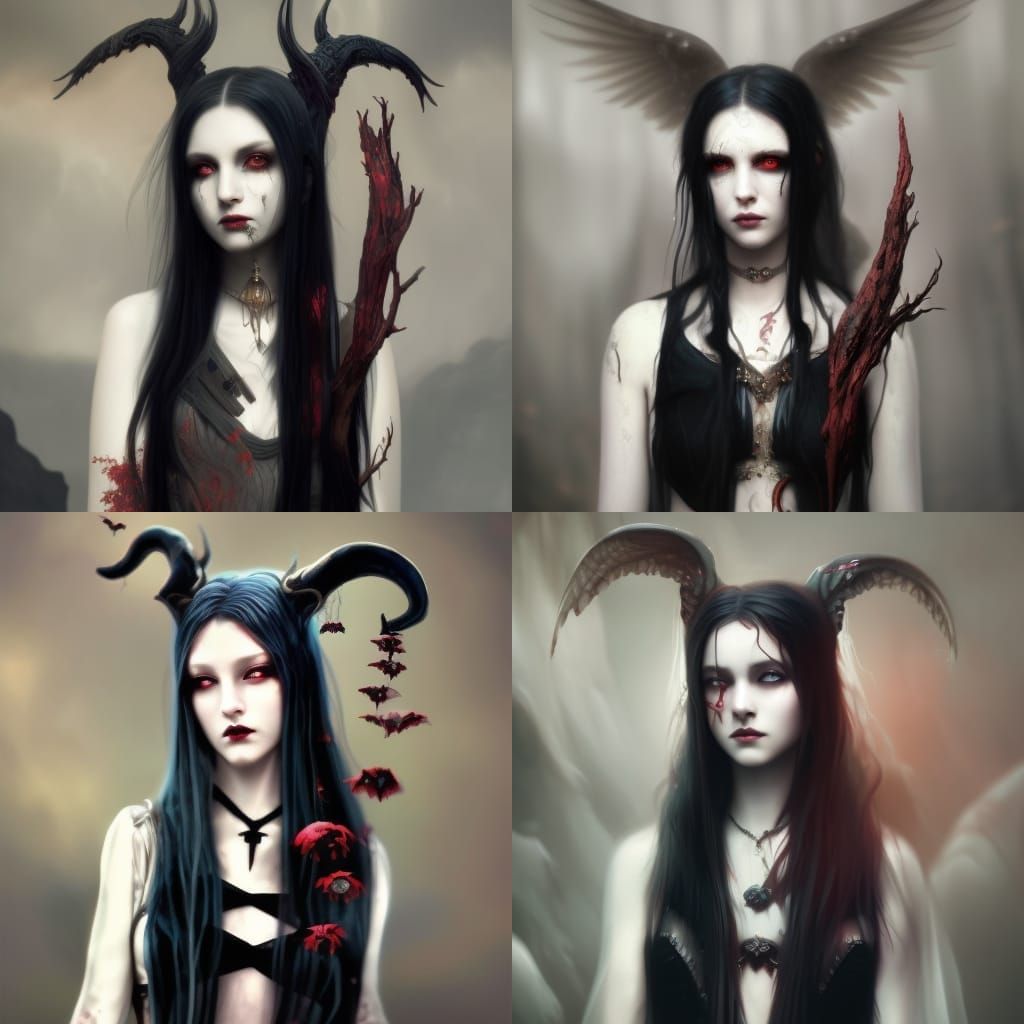 Ethereal Gothic Aries Young lady with Long black hair with Red highlights& Green eyes& Red &black eyeshadow & Black lips...