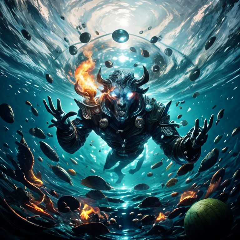 Man Holds Fire Underwater with Light Effects