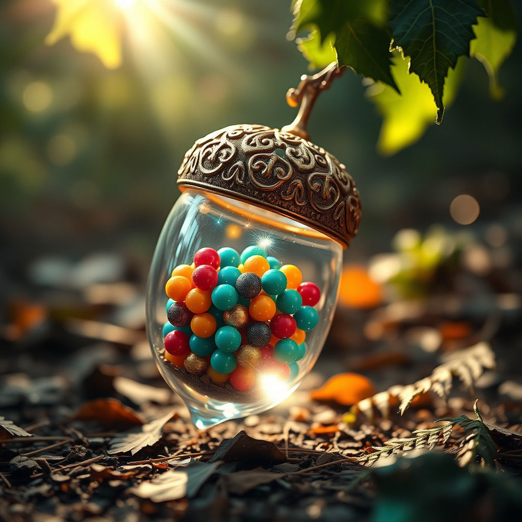 Glass Acorn with Gumballs in Photorealistic Style