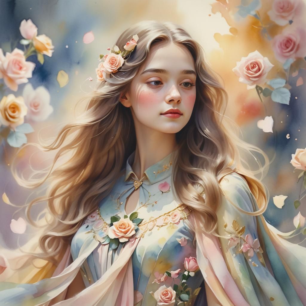 Dreamy Watercolor Portrait of Woman Creating Roses