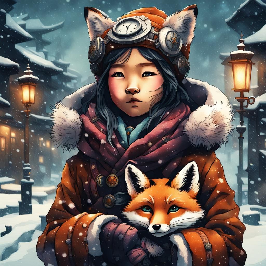 Fox and Girl in Snowy Steampunk Ink Painting