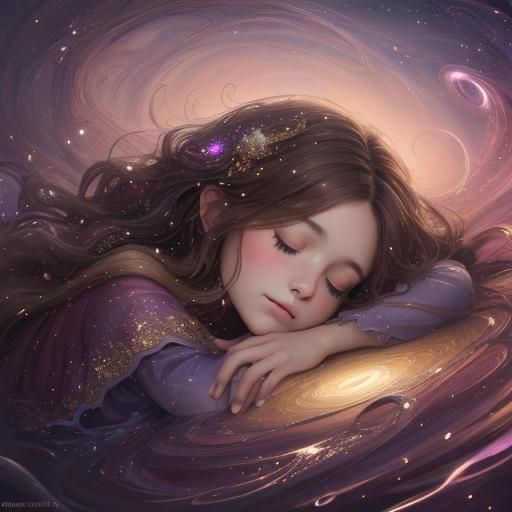 Girl Sleeping Surrounded by Magical Swirls