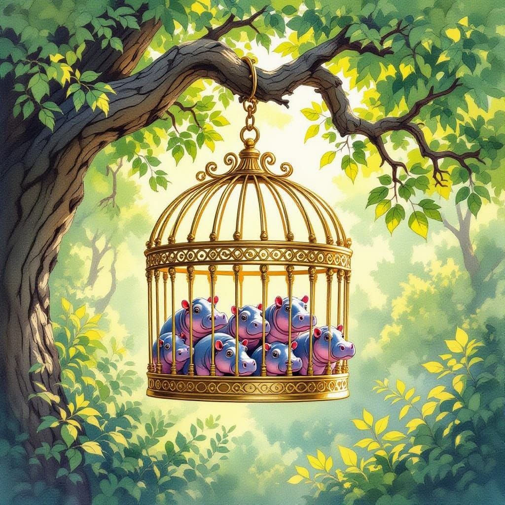 Golden Cage of Tiny Hippos in Sunny Forest
