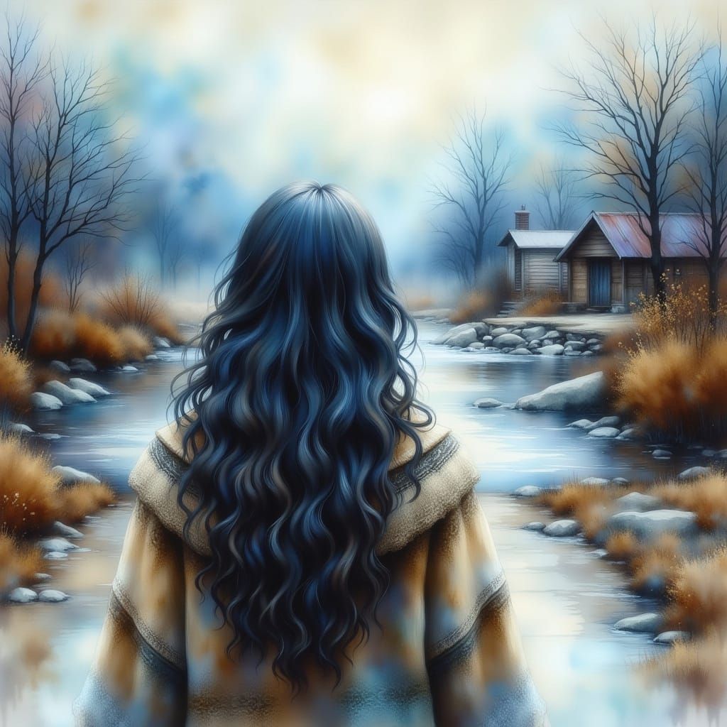 Woman Walking Towards River in Dreamy Winter Landscape