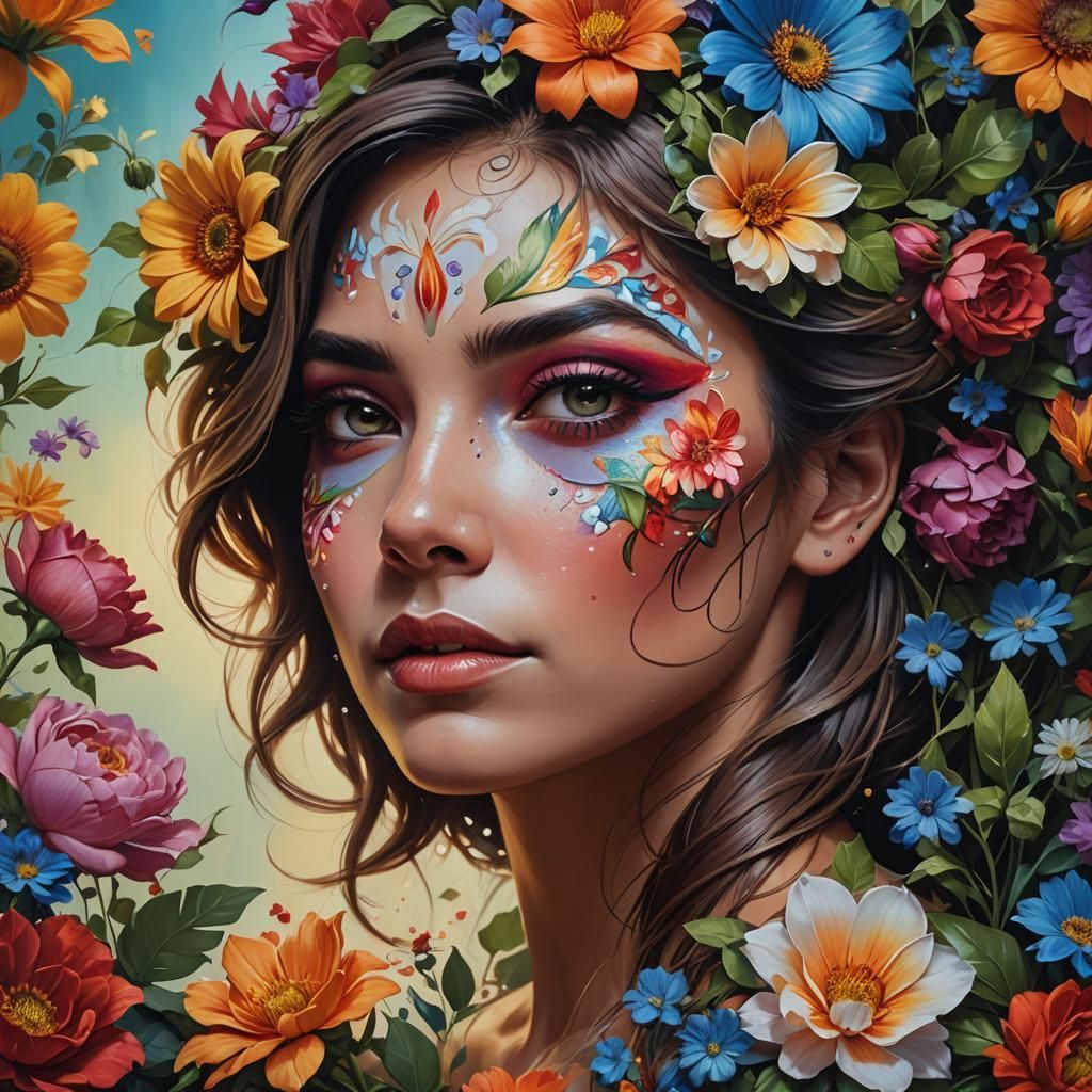 Woman with Floral Face Paint in Hyperrealistic Style