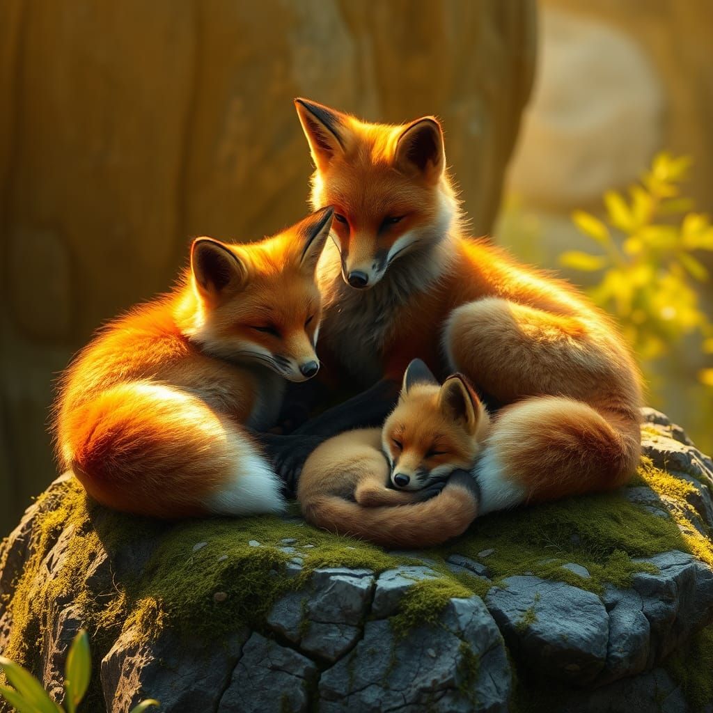 Serene Fox Family in Golden Light