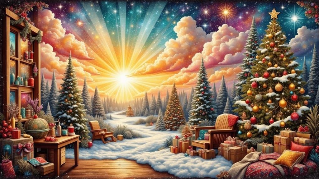 Prismatic Multicolored Mixed Media Christmas Scene