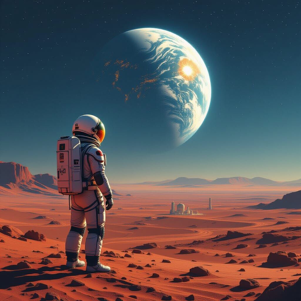 Astronaut on Mars Gazing at Earth: Matte Painting