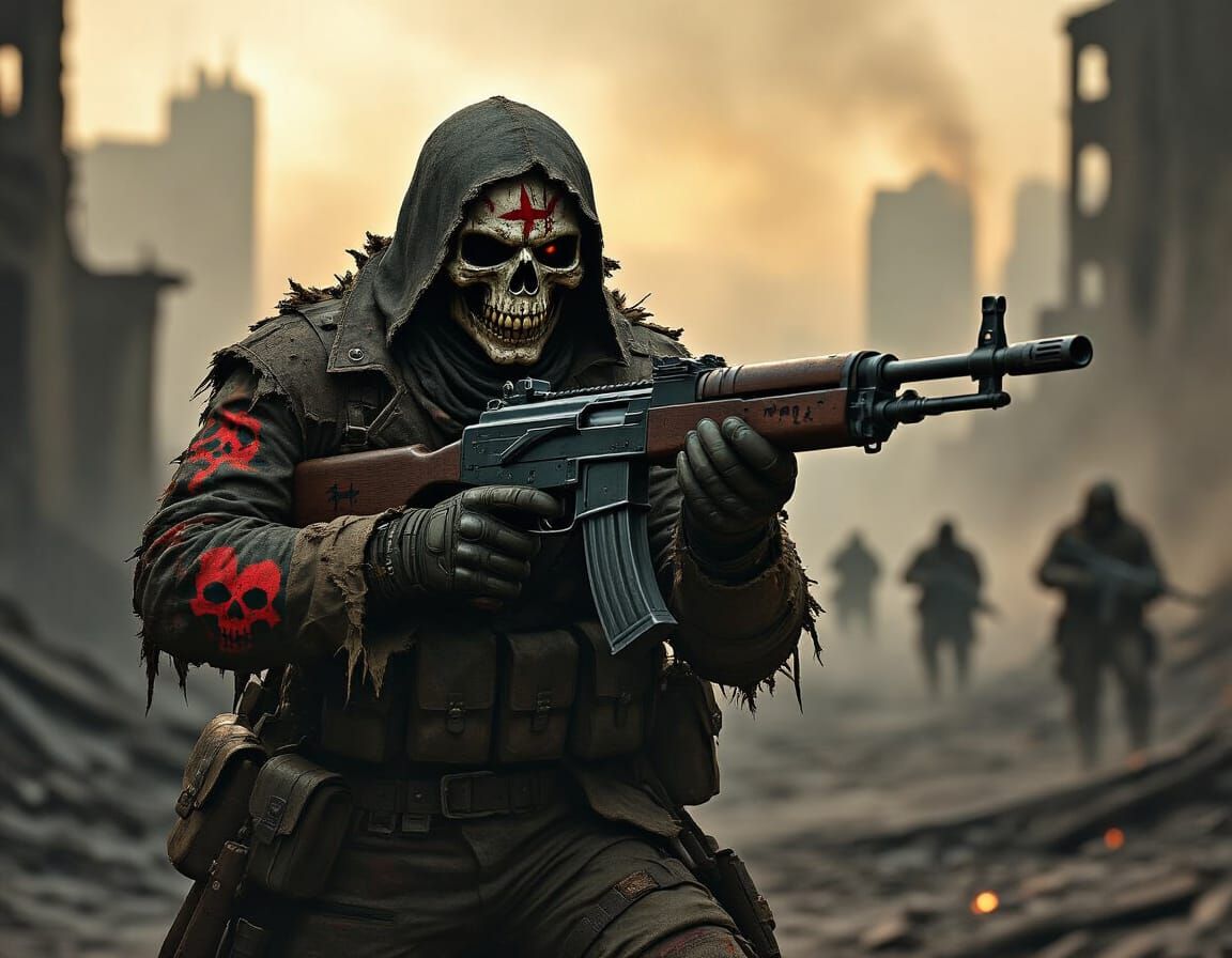 Post-Apocalyptic Raiders in Ruined Cityscape