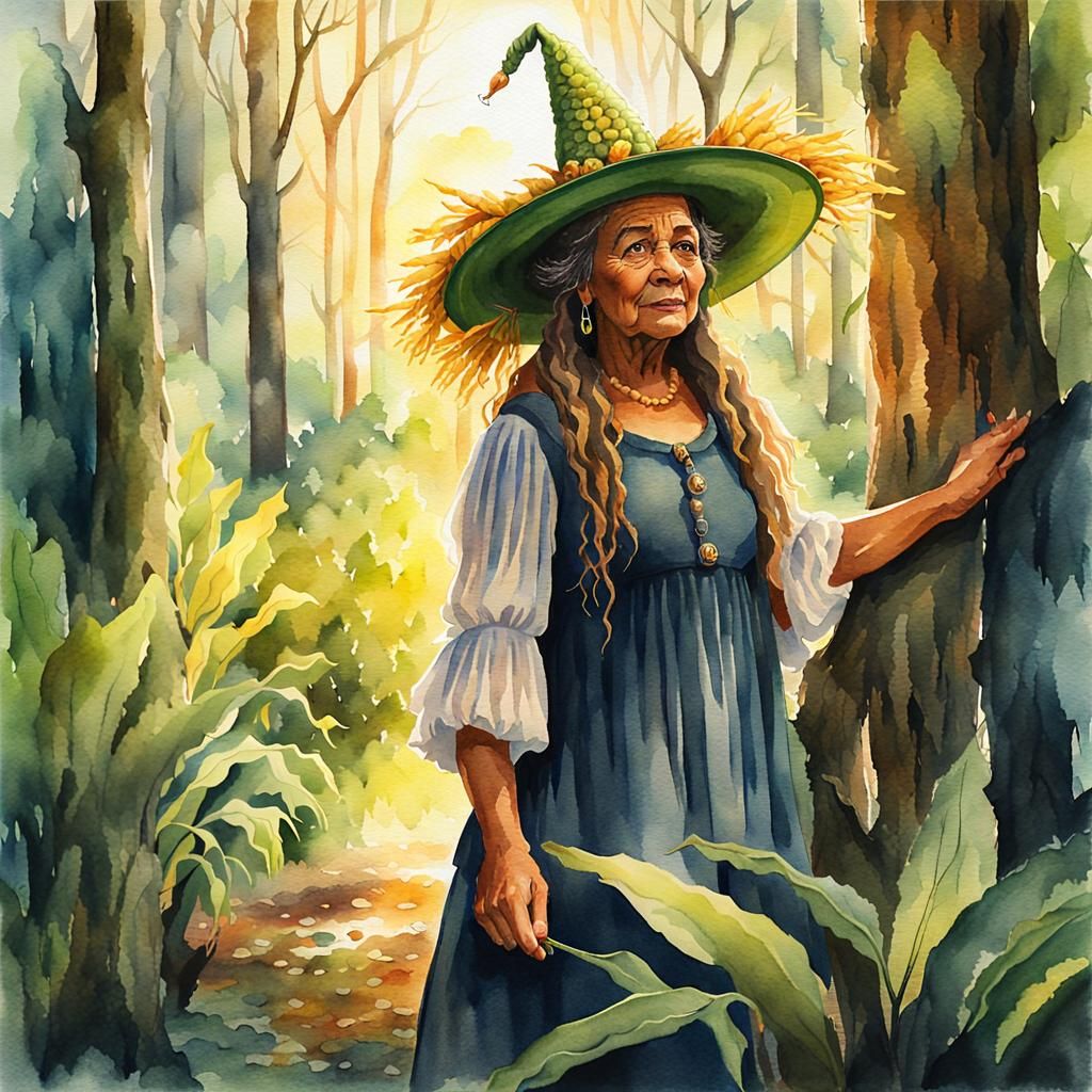 Cajun Swamp Witch in Enchanted Forest Watercolor