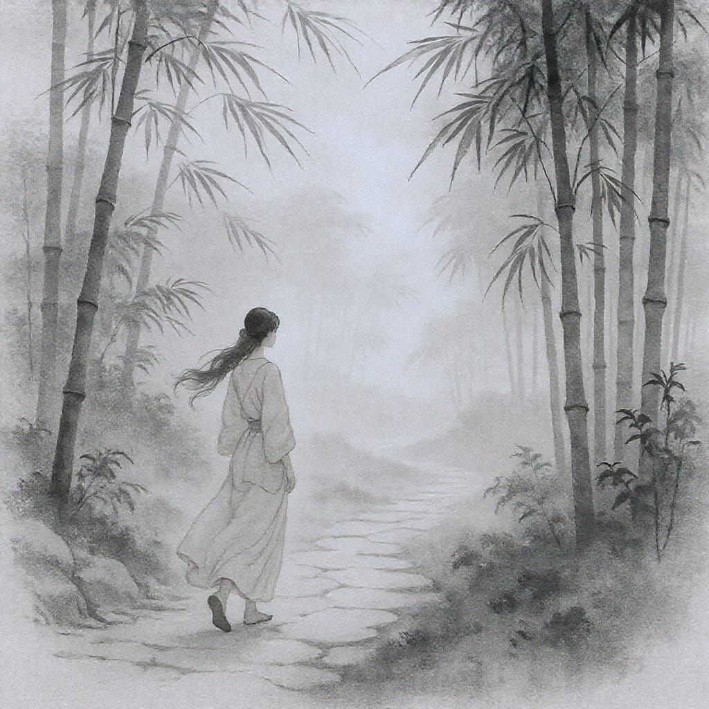 Serene Woman in Bamboo Forest: Chinese Ink Painting