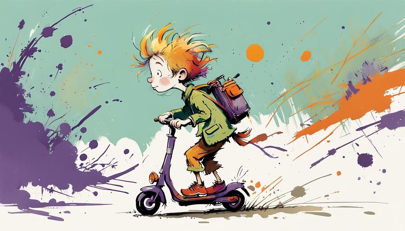 Boy on Scooter in Abstract Quentin Blake Style