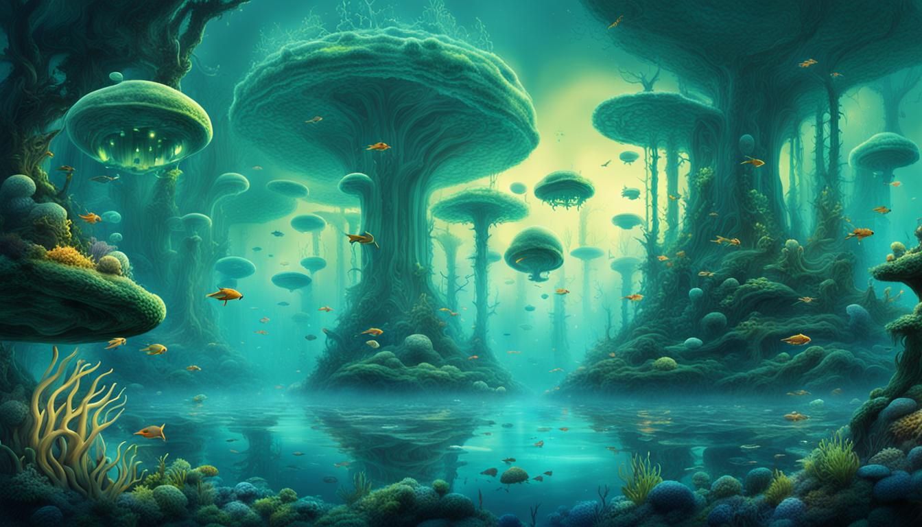 Surreal Underwater City: Bioluminescent Forest Under the Ocean: Surreal underwater life of aquatic beings from Atlantis:...