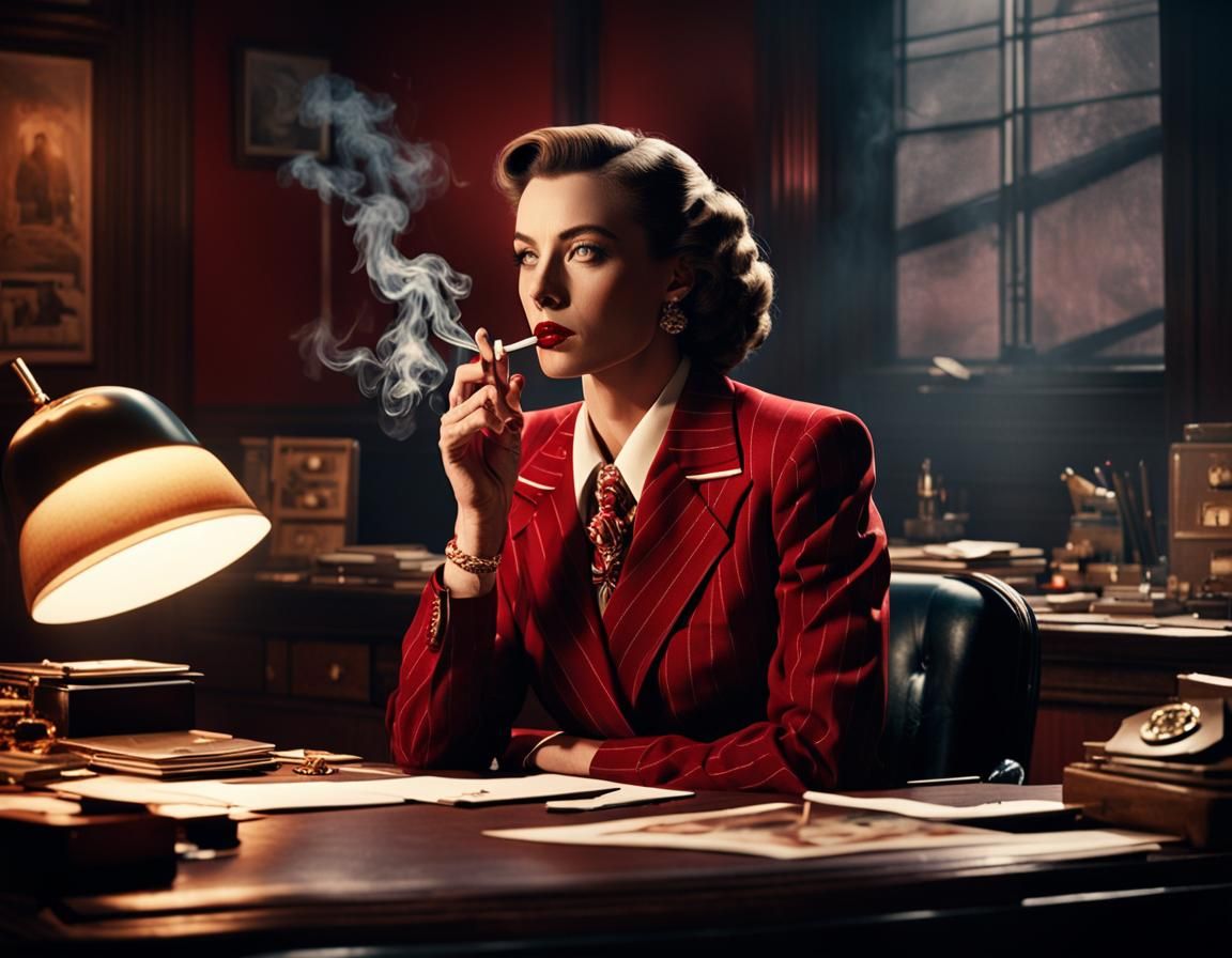 Woman in Red Suit Smoking in 1940s Office