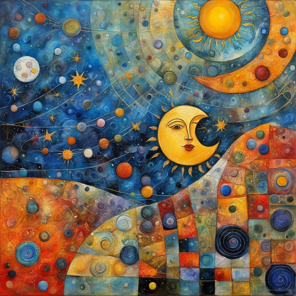 Sun and Moon Dance in Solar System, Encaustic Art