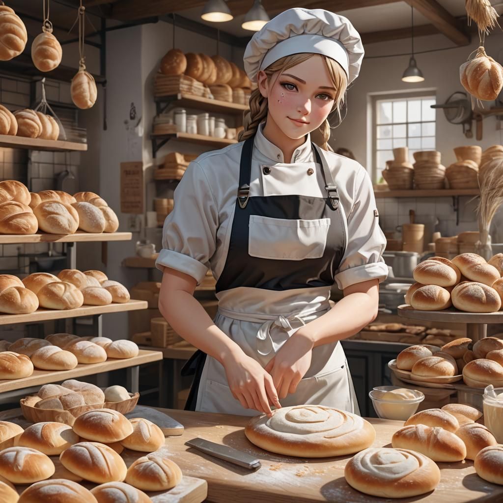 German Baker Kneading Dough in Anime Style