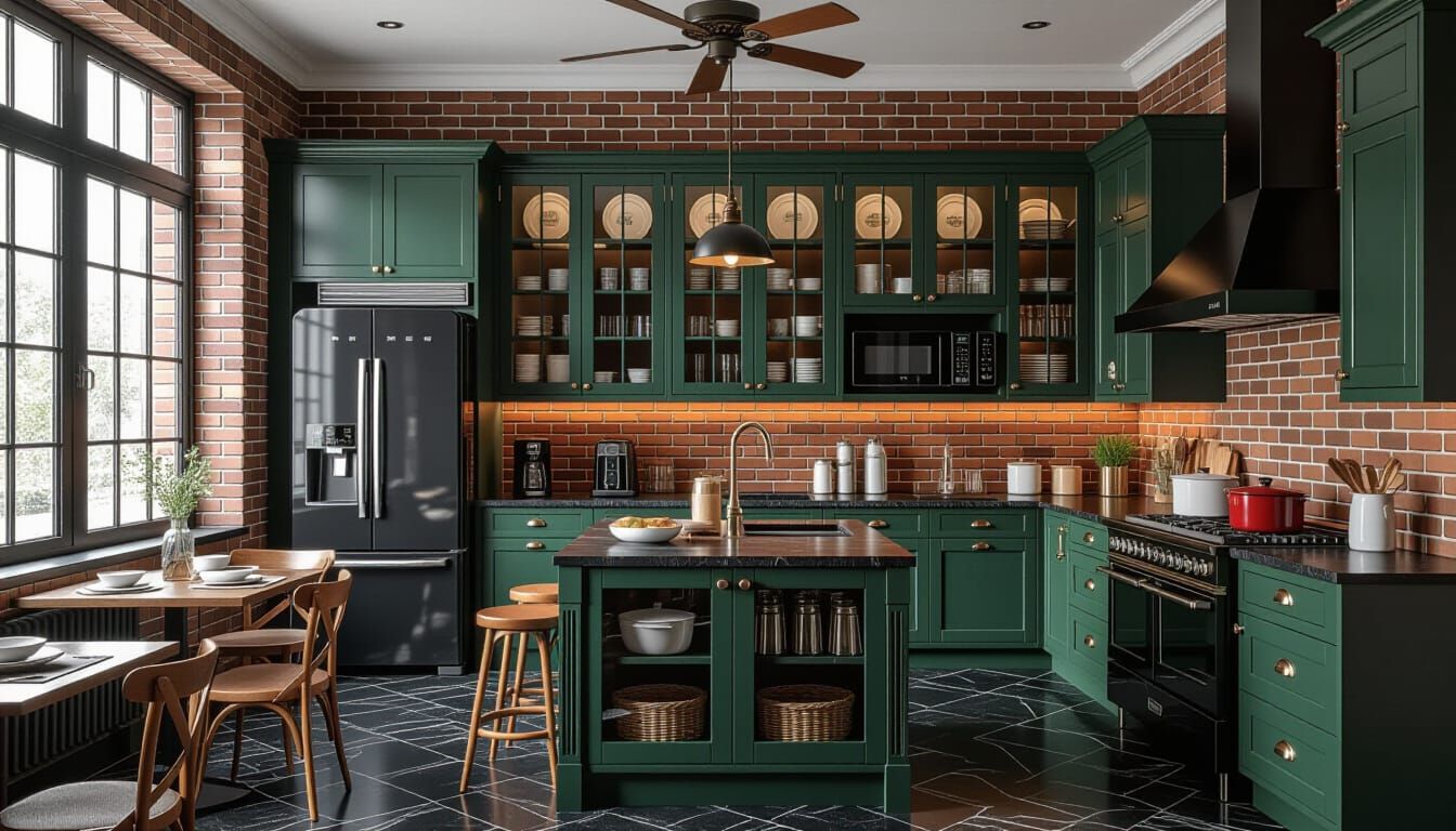 Victorian Dark Green Kitchen with Appliances in Cinematic Vi...