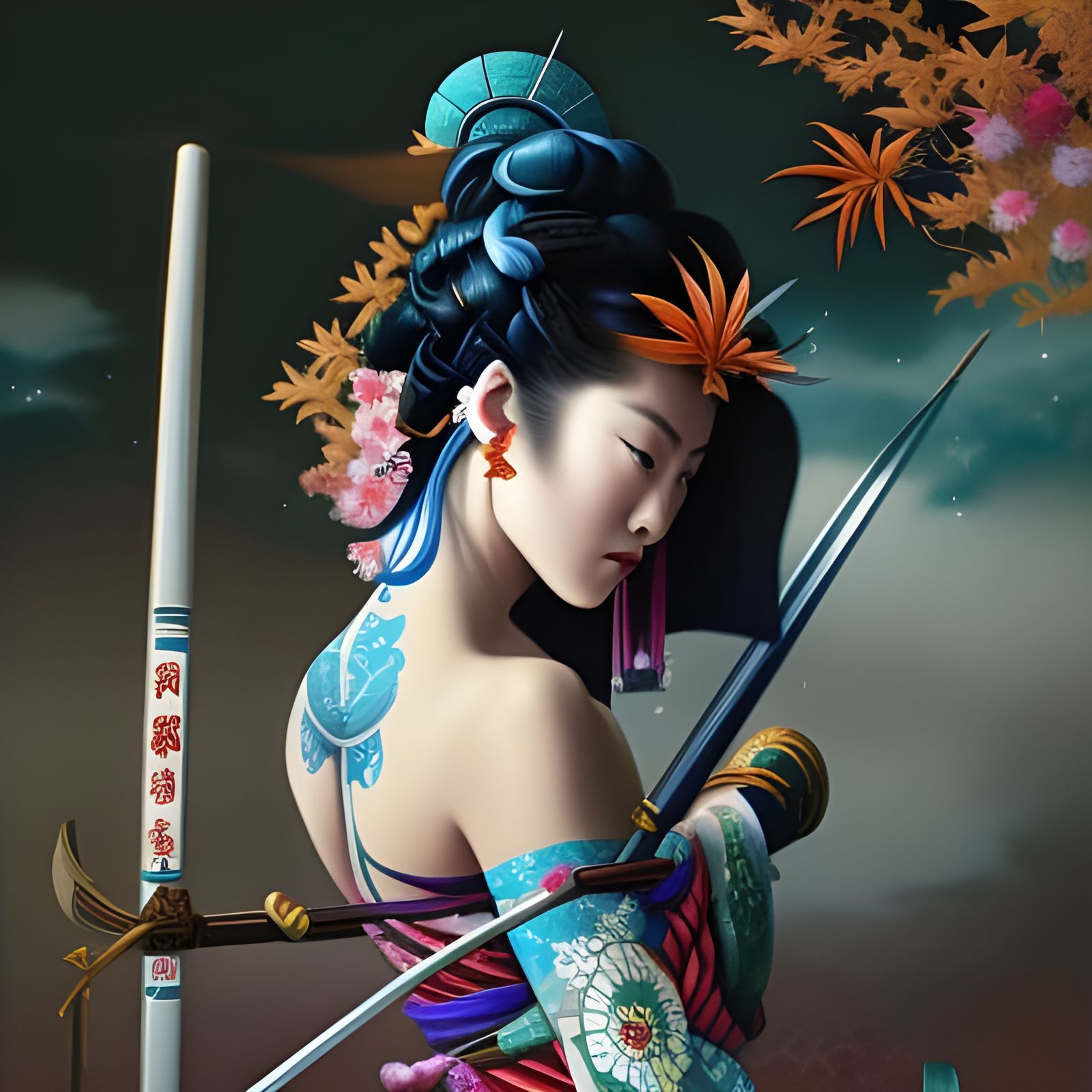 Female Samurai in Surreal Ukiyo-e Style