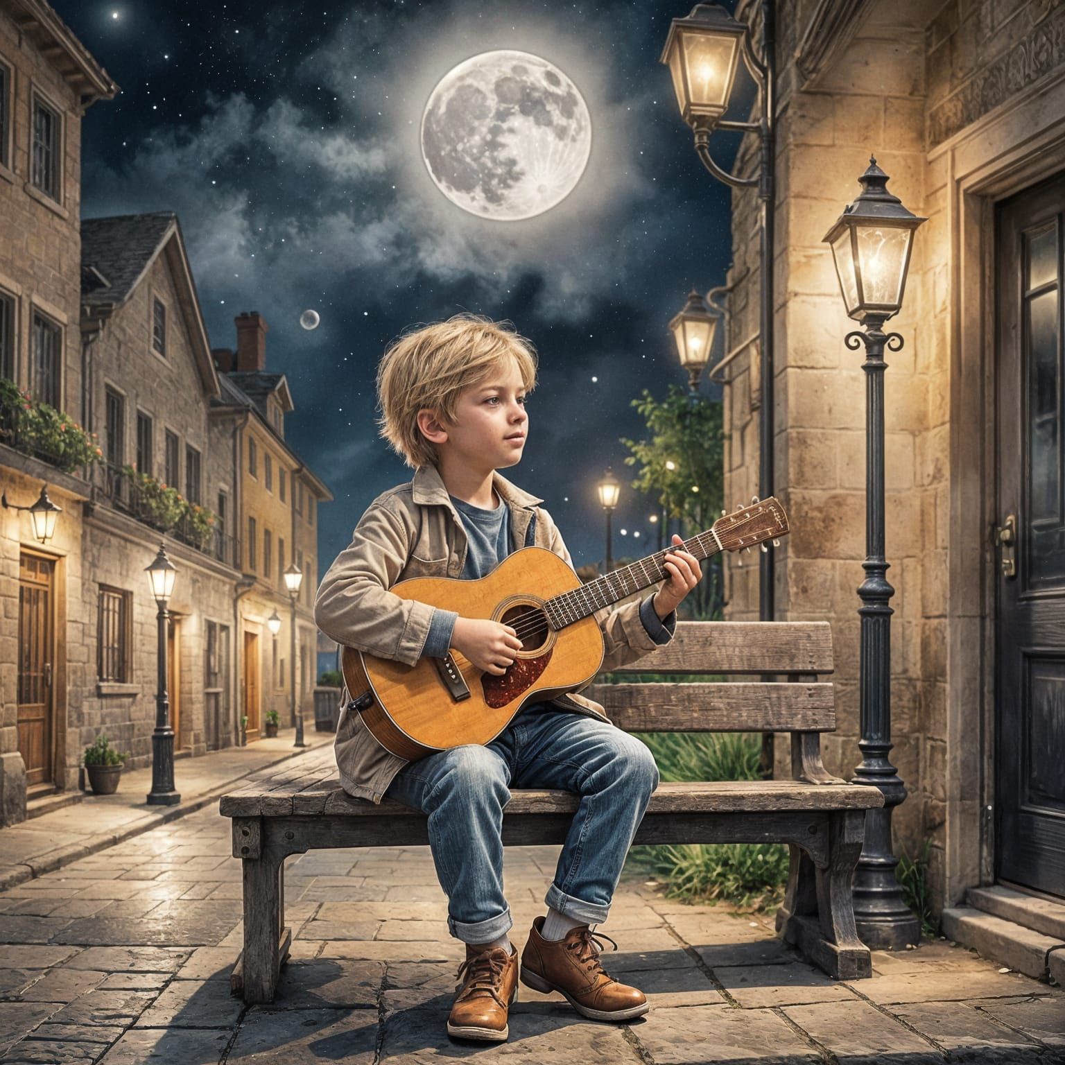 Boy Playing Guitar on Bench in Watercolor Style
