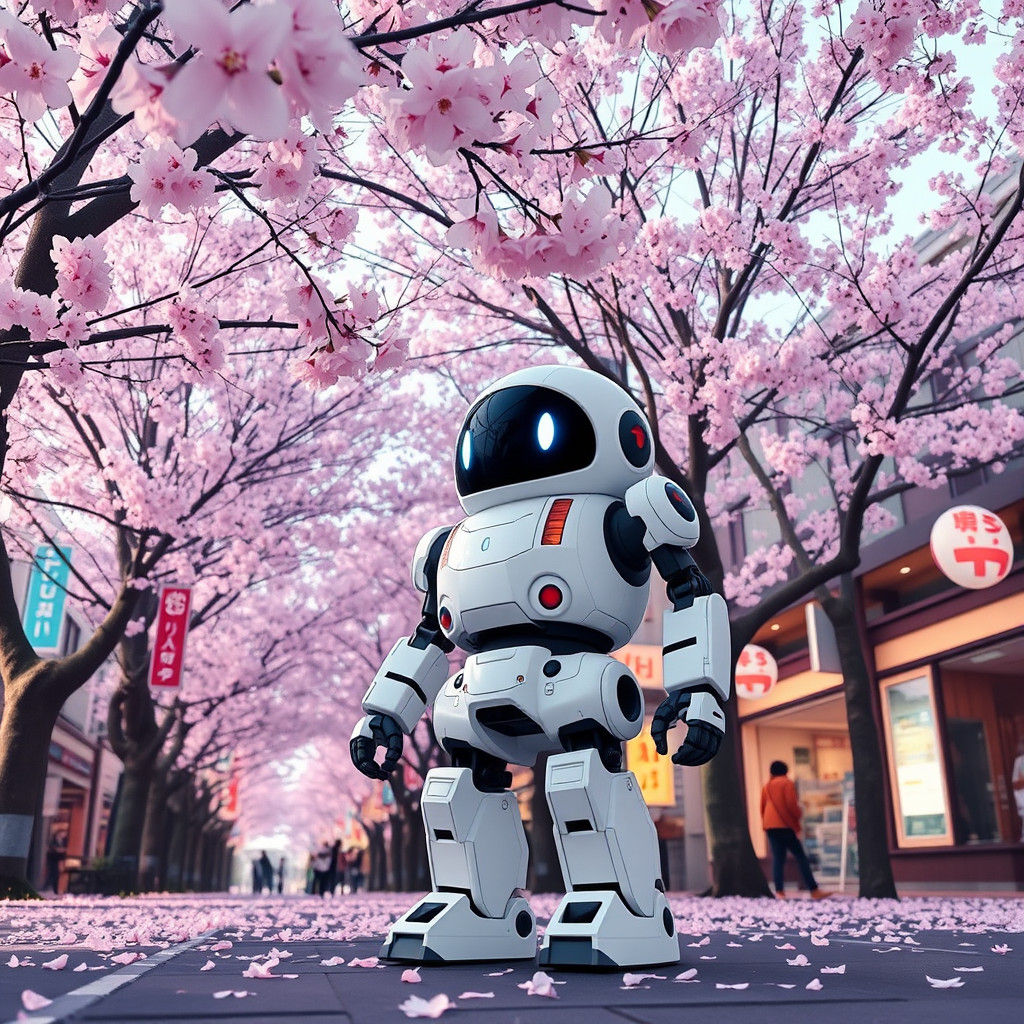 Tachikoma Robot in a Sea of Cherry Blossoms