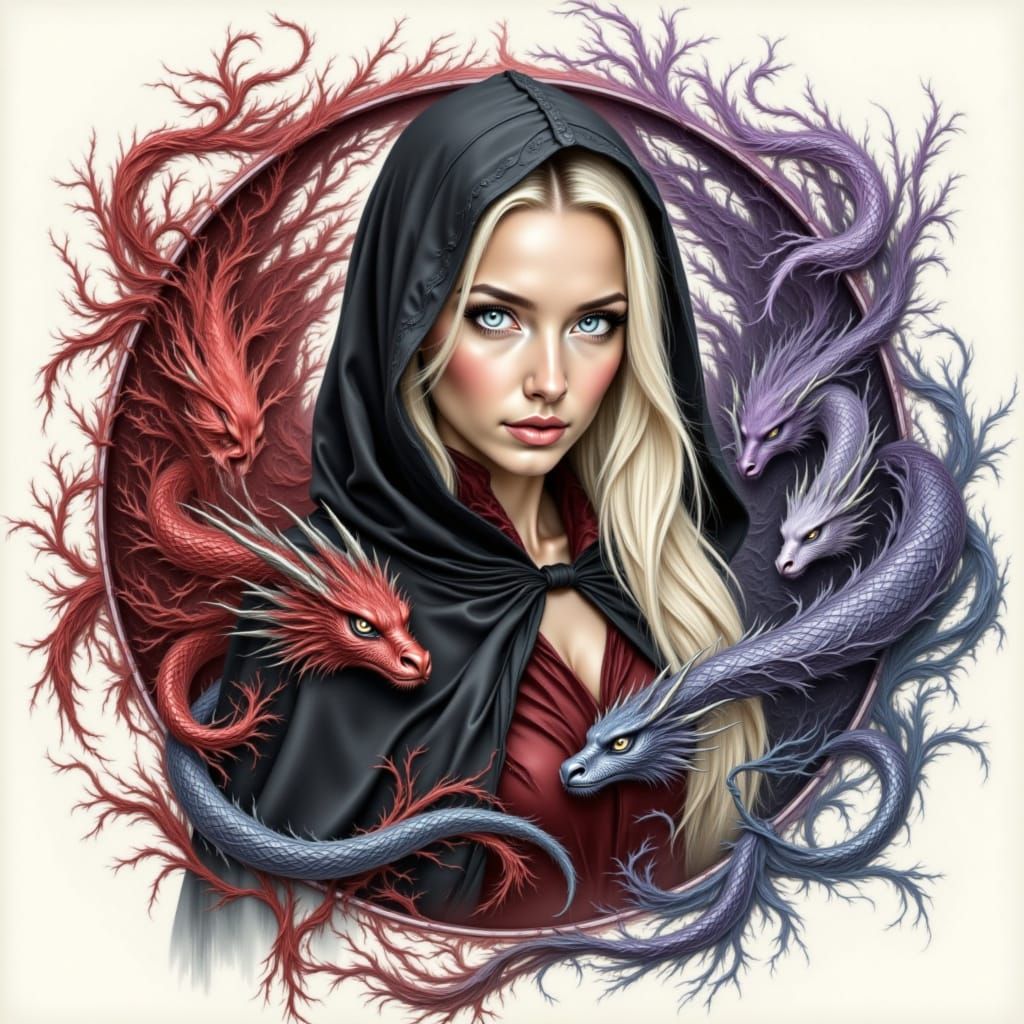 Witch Maiden with Dragons and Yin Yang Symbol