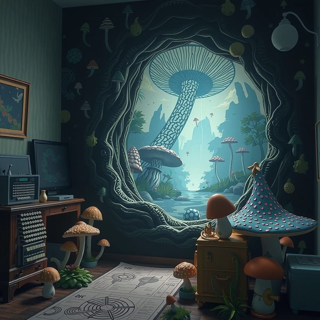 Whimsical Mushroom Mural in Vibrant Linocut Style