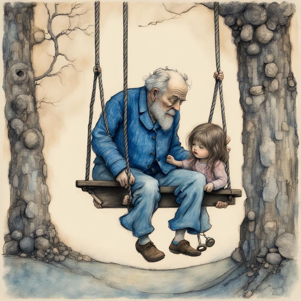 grandpa pushing a chubby four-year-old girl on a swing 1