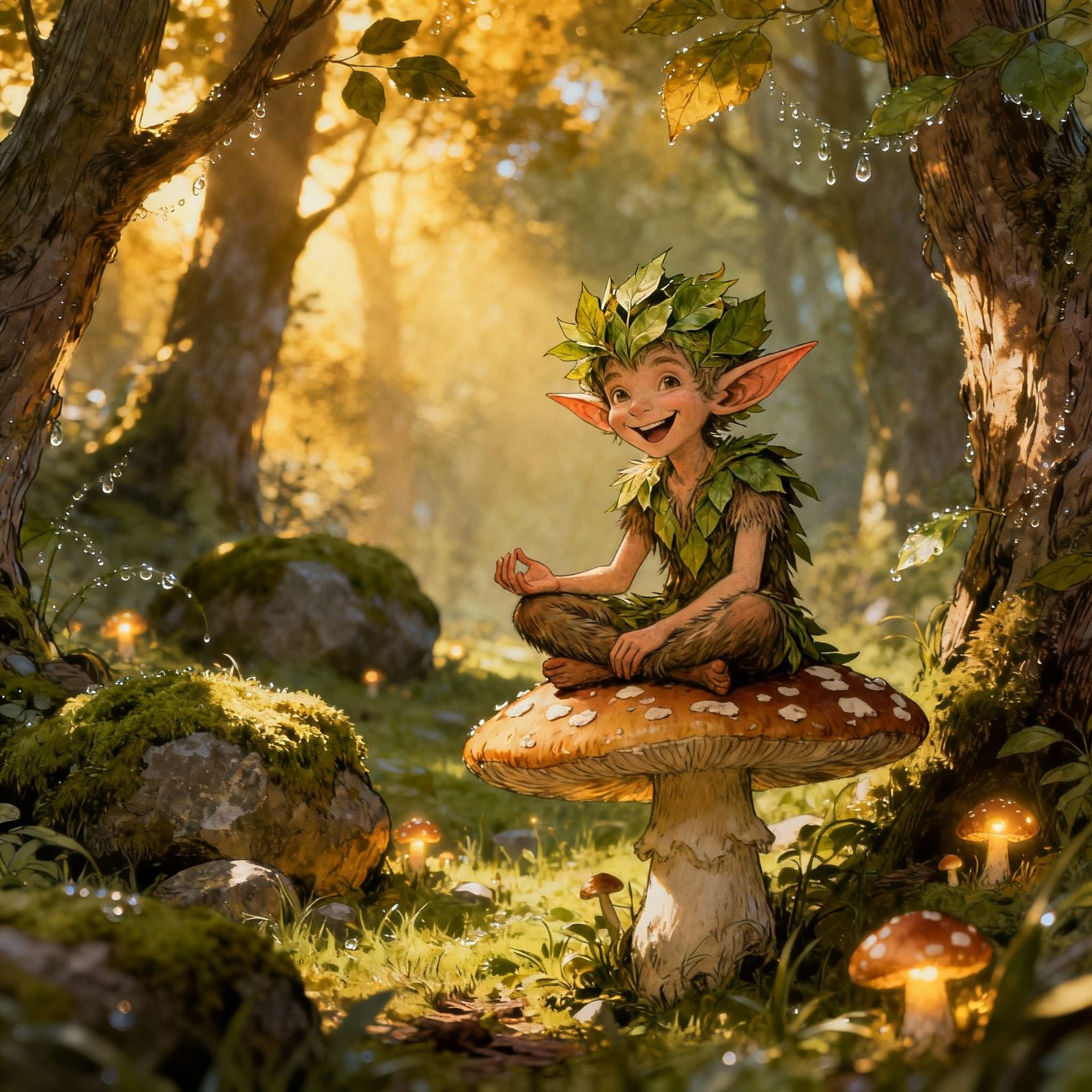 Mischievous Elf Grins on Toadstool in Sunlit Glade