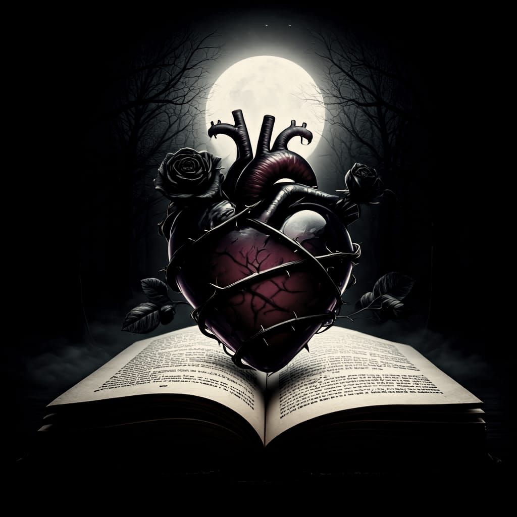 Dark Purple Heart with Black Roses in Dark Forest