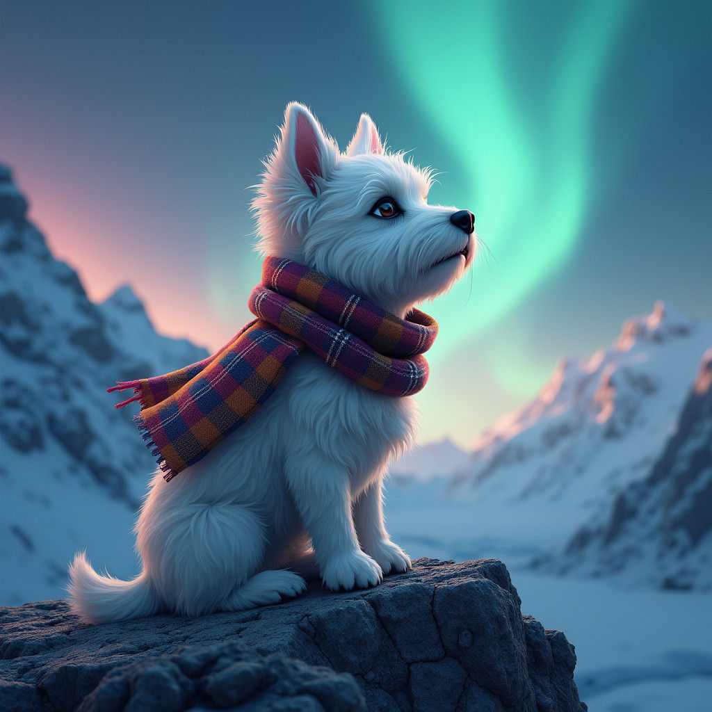 Westie Terrier Gazing at Northern Lights Art Nouveau