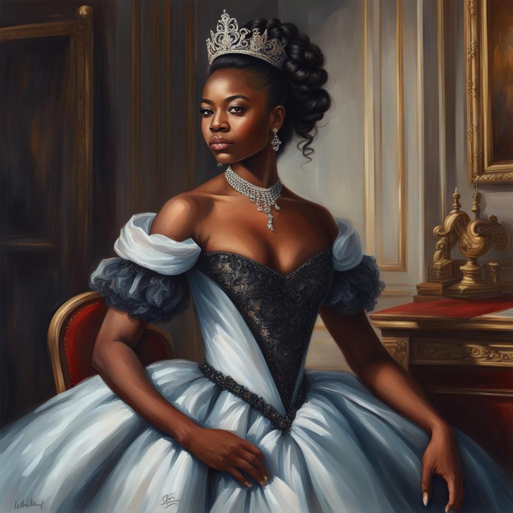 Elegant Black Queen in Ballgown: Realistic Portrait