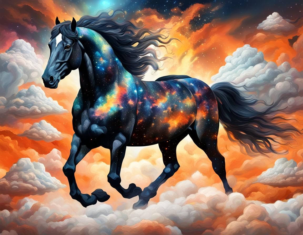 Astral Black Horse Amidst Colorful Clouds