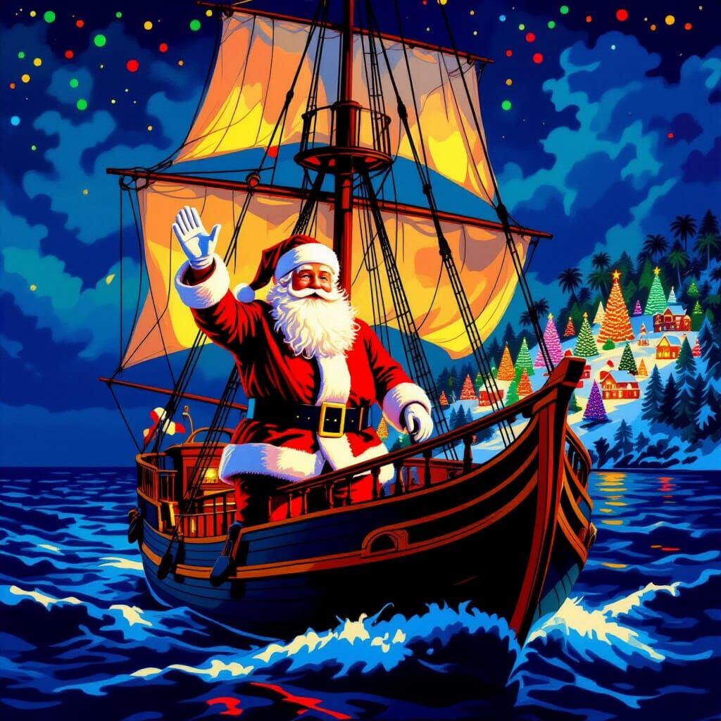 Santa Claus on a Vintage Sailing Ship Near Christmas Island