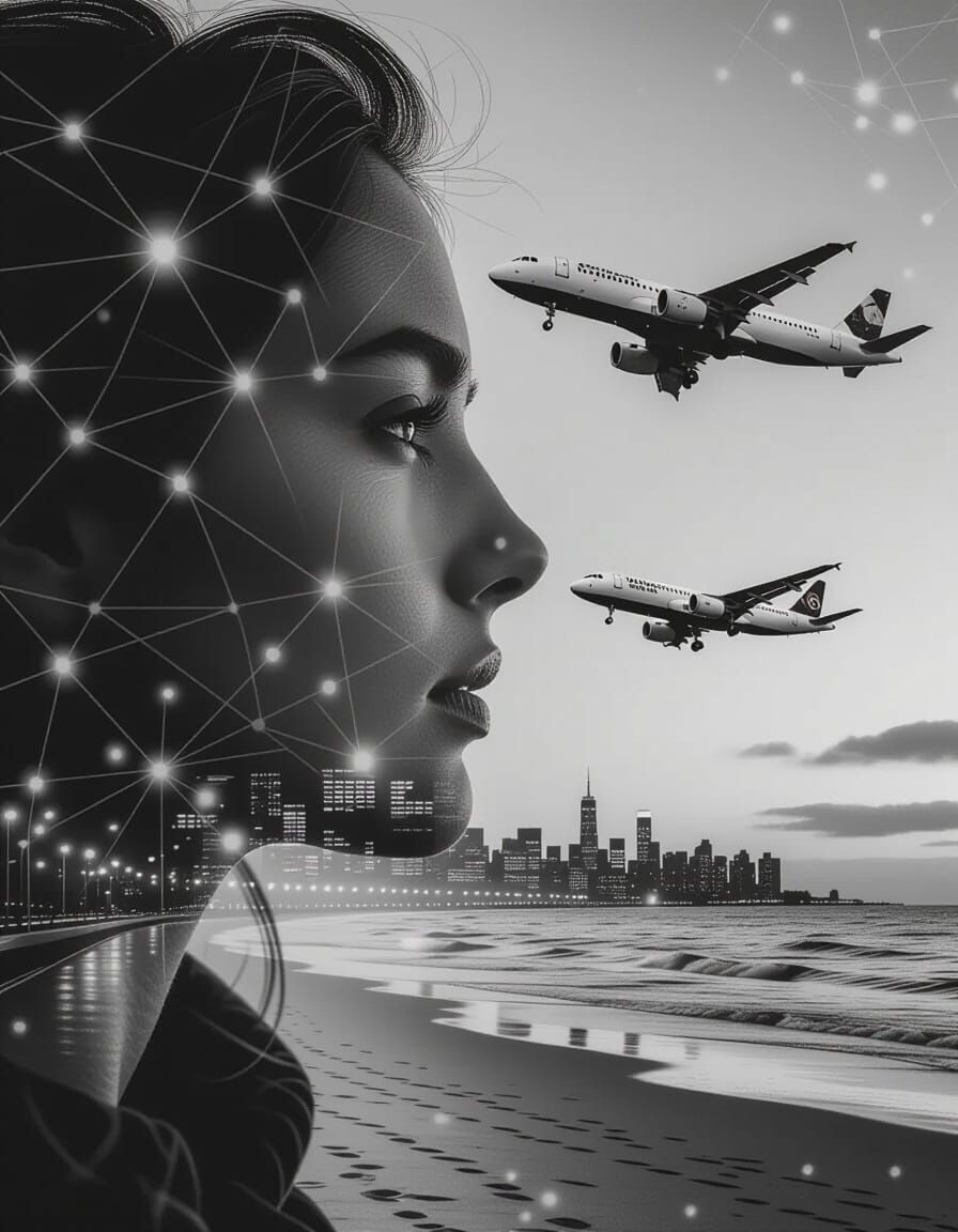 Woman Divided by Plane in Retro-Futuristic Collage