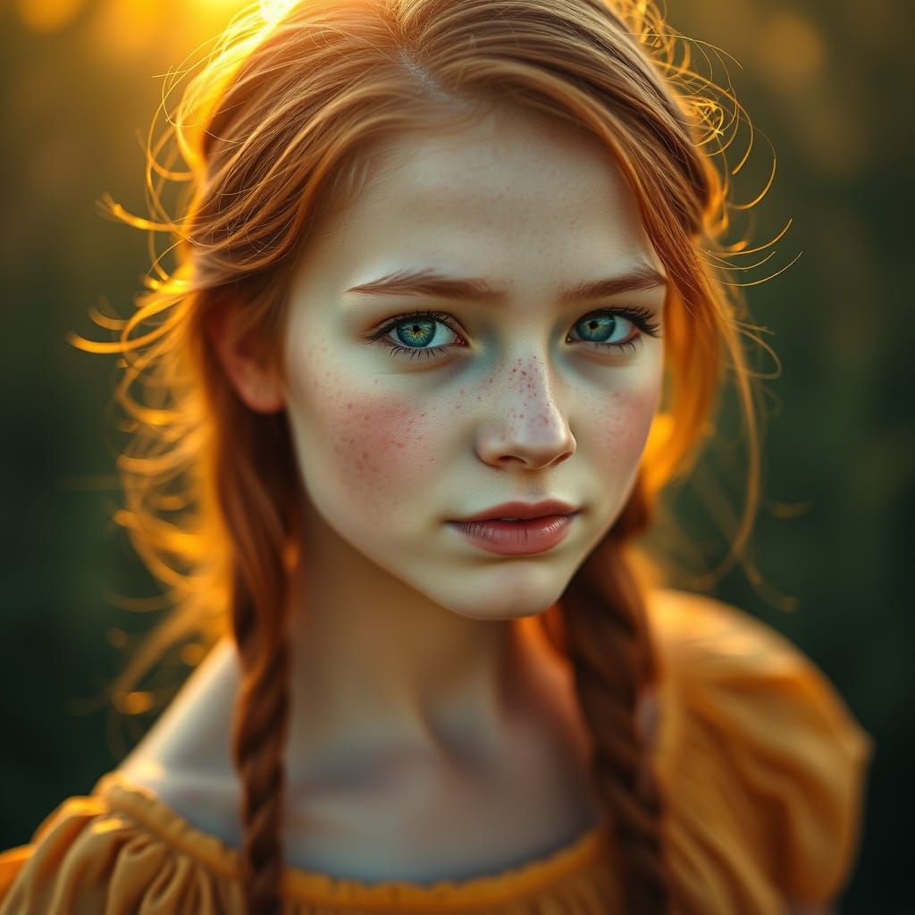 Photorealistic Portrait of a Red-Haired Young Woman at Sunse...