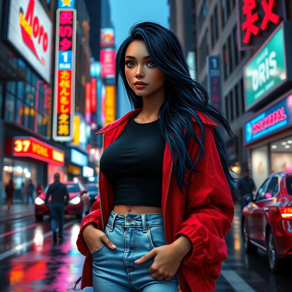 Dark Skinned Fantasy Heroine Gazes Out Over New York City