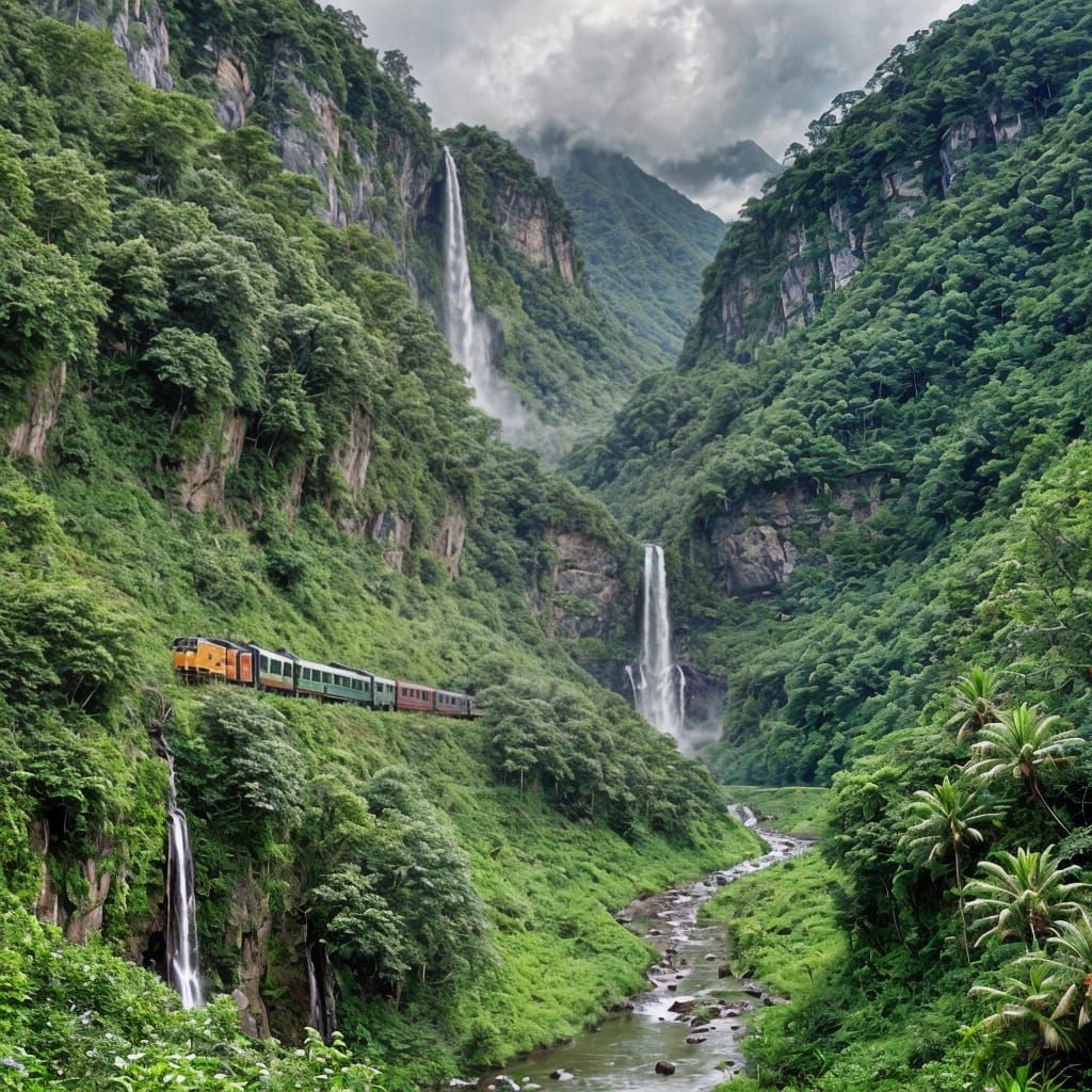 Train Chugs Through Serene Green Valley Landscape