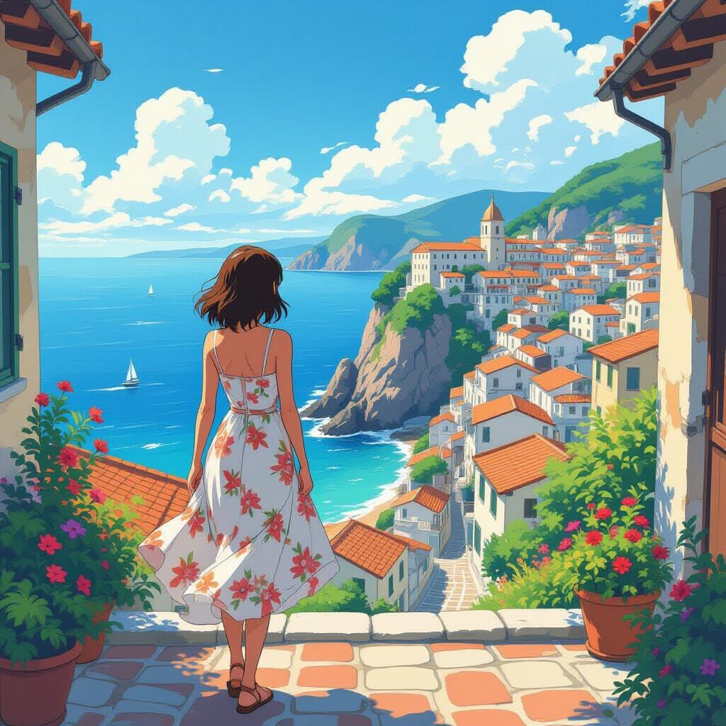 Woman Gazing at Sea in Anime Style