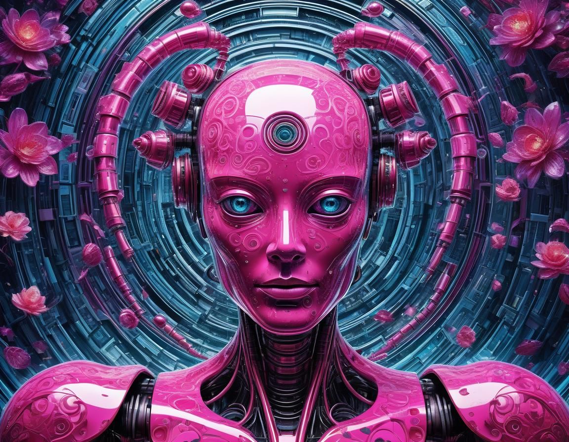 Berry Pink Robot in Surreal Solarpunk Style