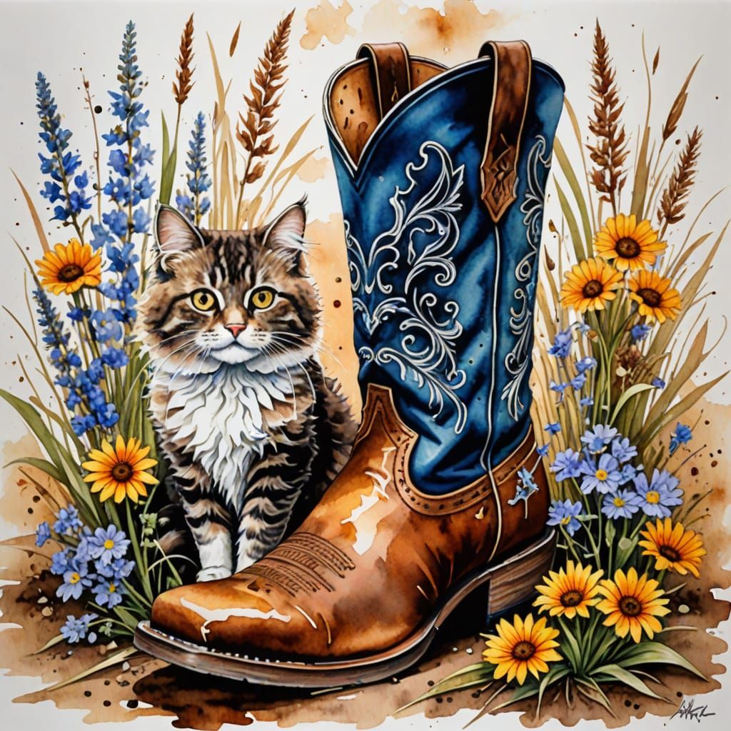 Watercolor Cowboy Boot with Cat and Wildflowers