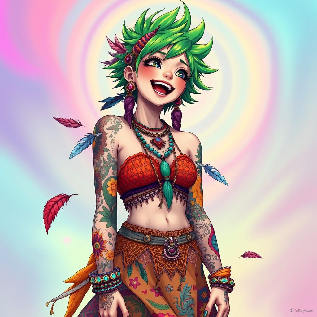 Psychedelic Anime Goddess in Bohemian Attire