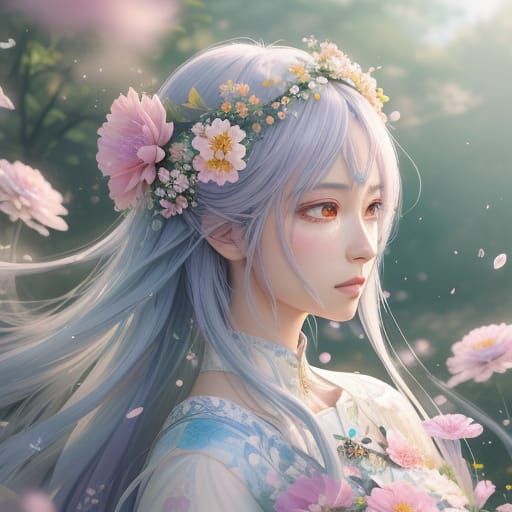 Anime Goddess Portrait Surrounded by Flowers in Pastel Hues