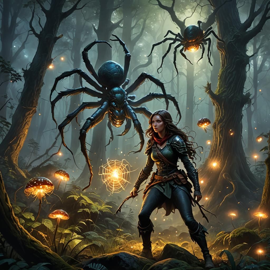 Female Rogue Battles Spiders in Misty Forest
