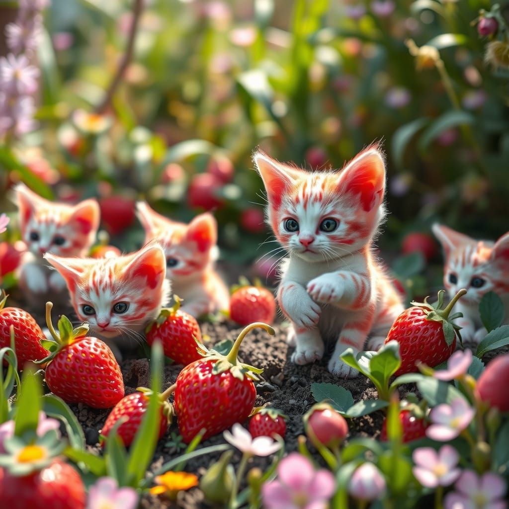 Whimsical Strawberry-Kitten Field in Vibrant Backyard