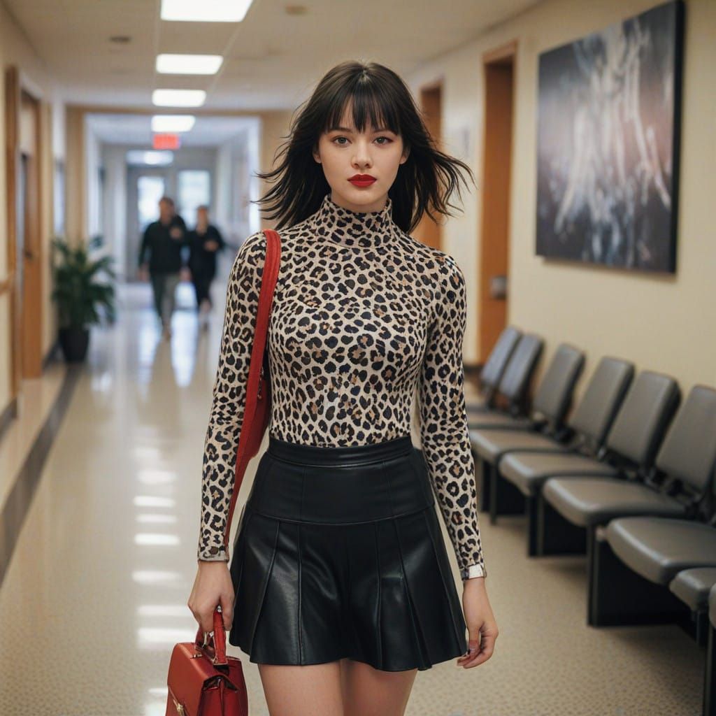 Confident Young Woman Walks Through a Modern Medical Center