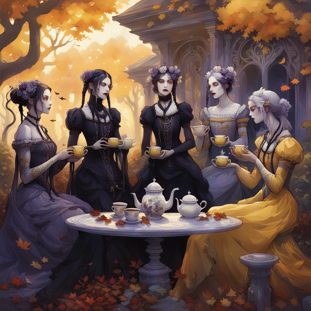 Gothic Goddesses in Autumn Garden: Dark Fantasy Art