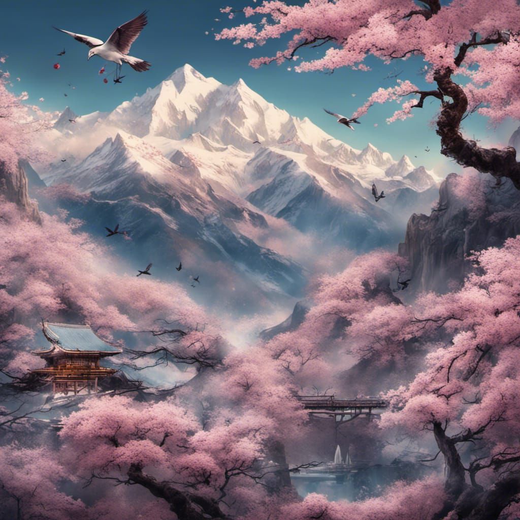Snowy Mountains with Cherry Blossoms: Fantasy Concept Art
